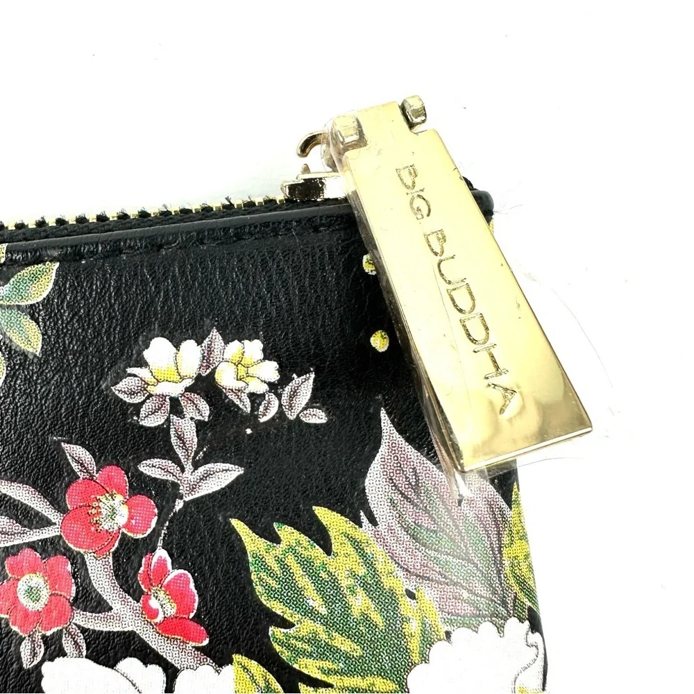 Big Buddha Clutch Black‎ Faux Leather Floral Makeup Cosmetic Bag Pouch Brand New